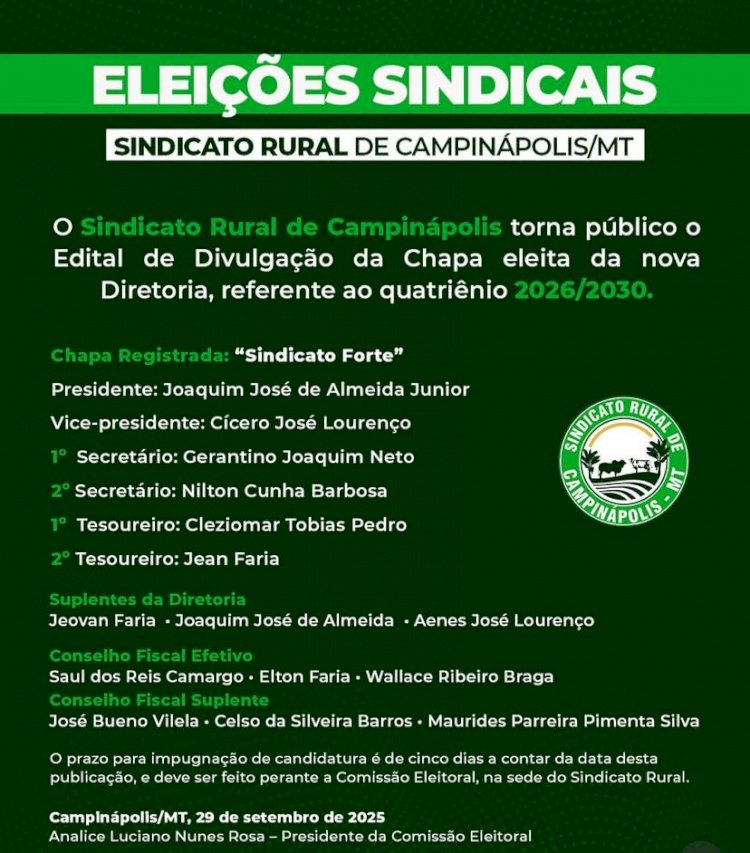 Eleição confirma diretoria do Sindicato Rural de Campinápolis para o quadriênio 2026/2030