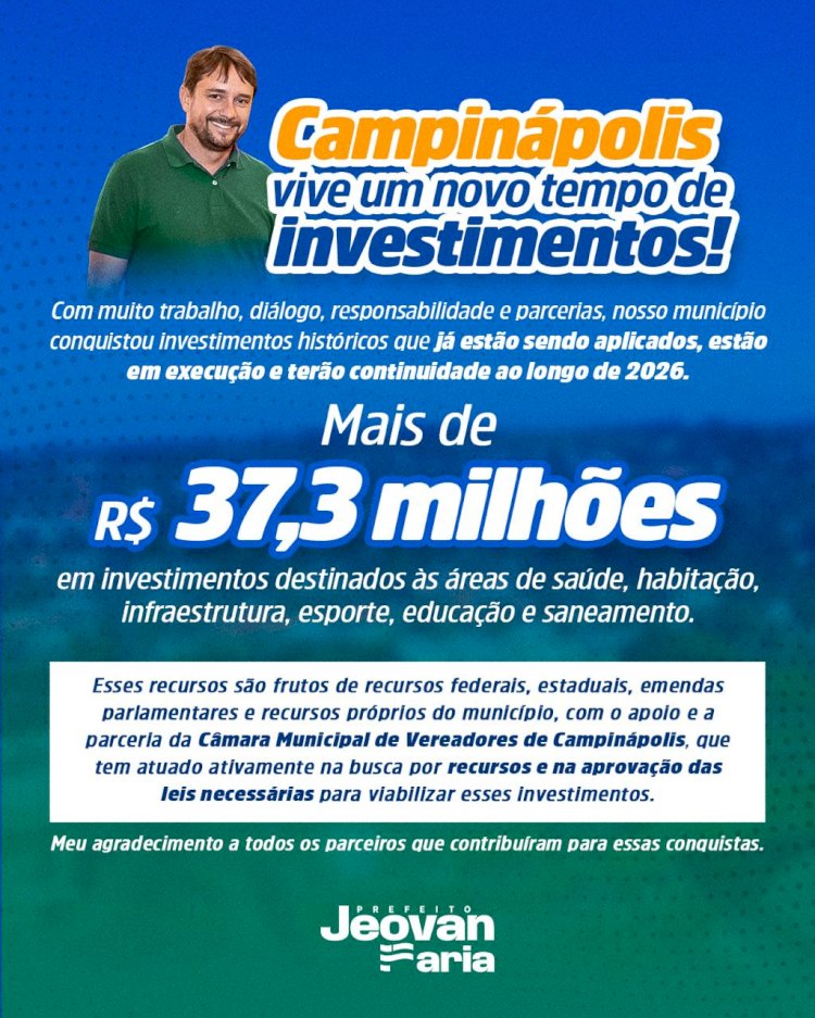 Campinápolis anuncia mais de R$ 37,3 milhões em investimentos e inicia nova fase de desenvolvimento